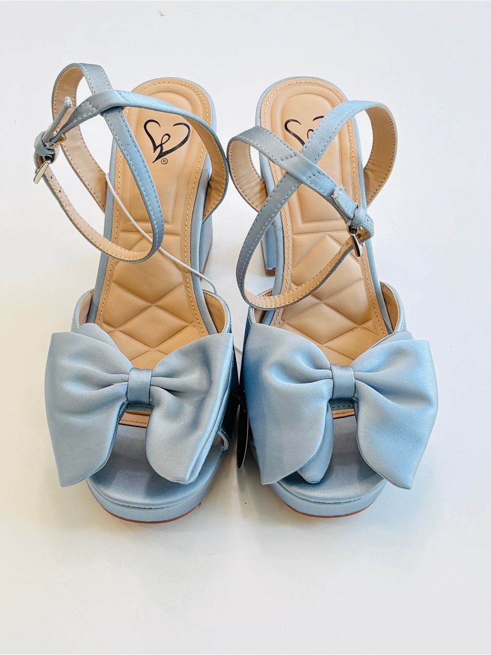Light Blue Satin Platform Heels Bow Ankle Strap Block Heel Sandals Sz 8 - Picture 4 of 9
